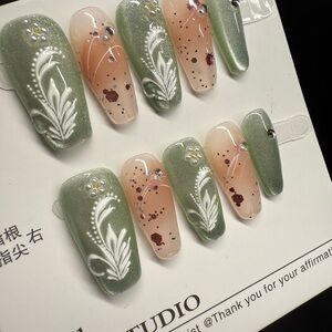 Green and Nude Floral Press On Nails